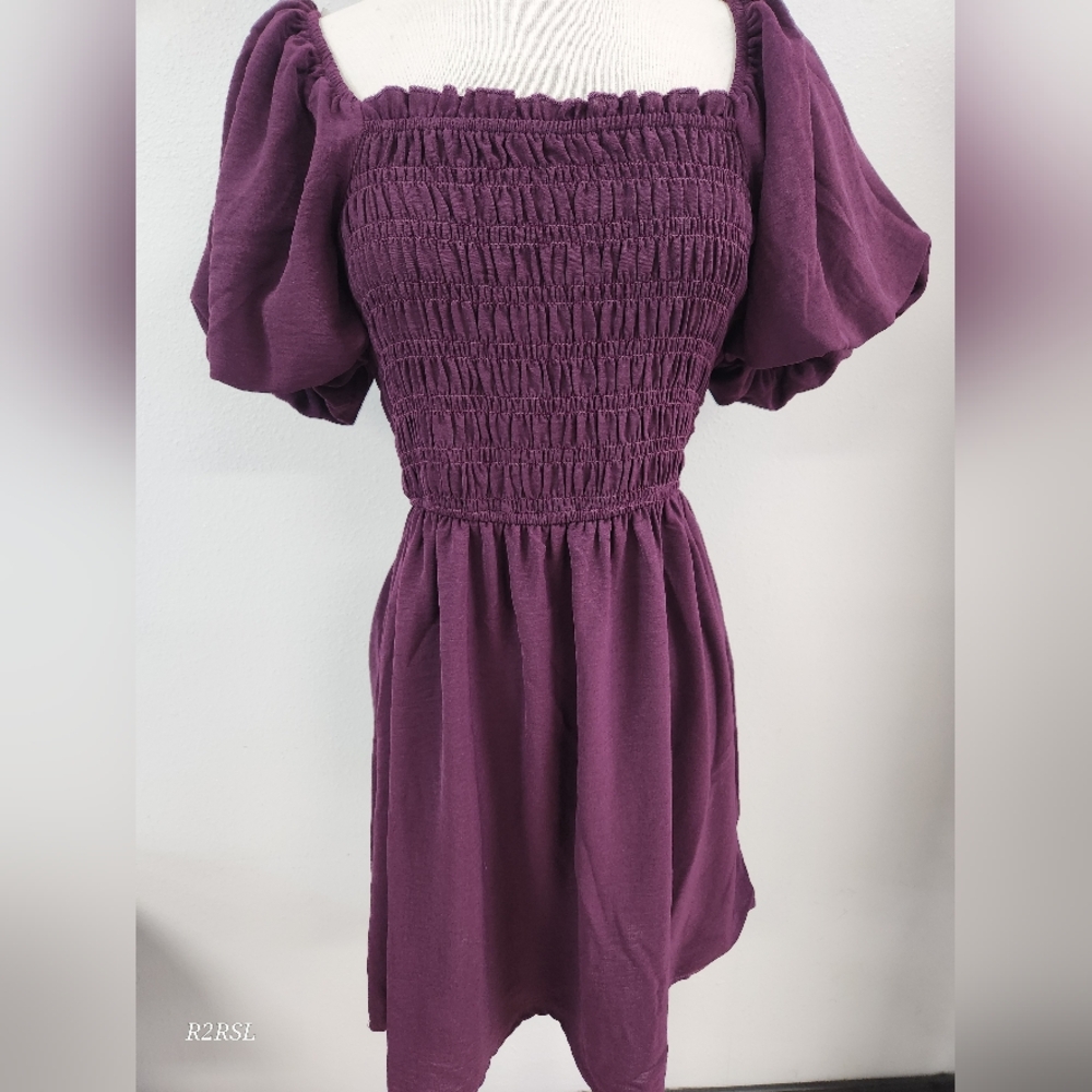 Inspired Hearts Puff Sleeve Smocked Bodice Dress Eggplant Purple Womens M NWT